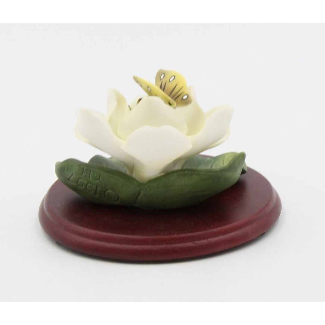 Ceramic Magnolia Flower with Butterfly on Wooden Base Image 4