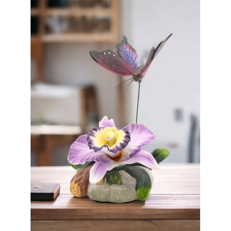 Ceramic Orchid Flower Butterfly Figurine  Nature Image 1