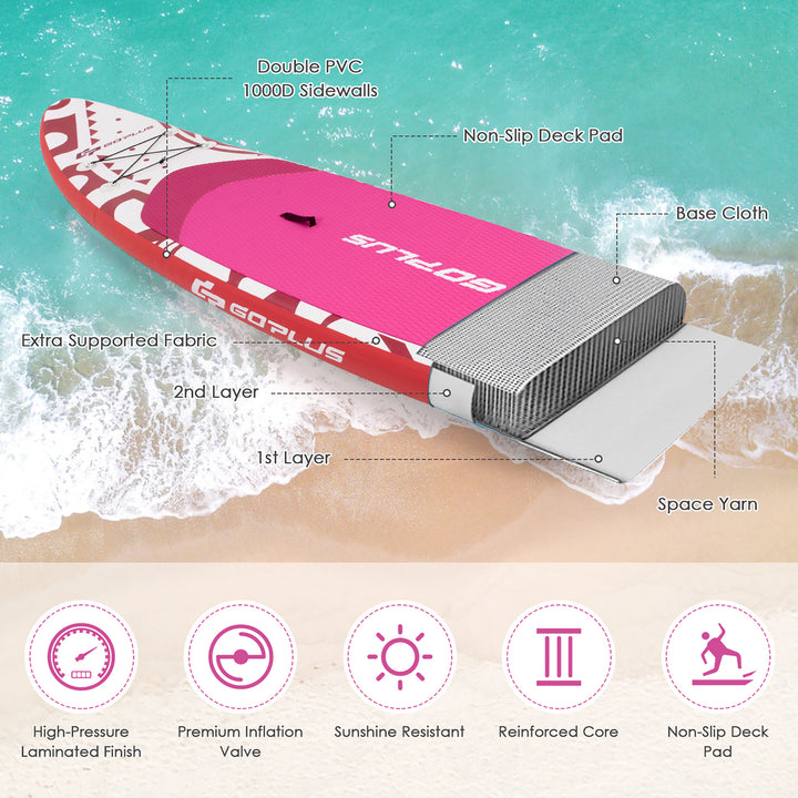 10.5 Inflatable Stand Up Paddle Board SUP W/Carrying Bag Aluminum Paddle Pink Image 6