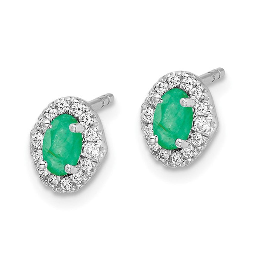 7/10 Carat (ctw) Cabochon Emerald Halo Solitaire Earrings in 14K White Gold with Diamonds Image 4