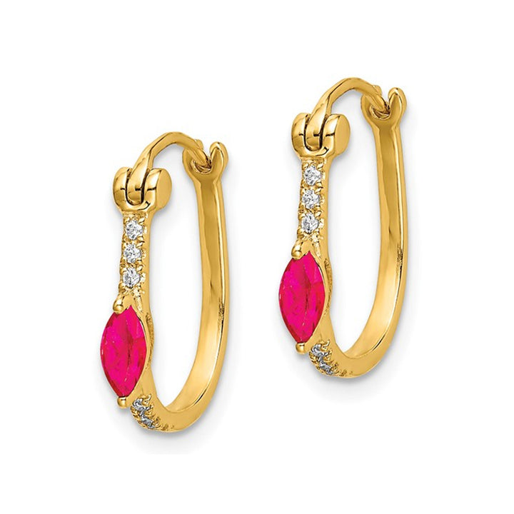 10K Yellow Gold 2/5 Carat (ctw) Ruby Hoop Earrings with Diamonds Image 4