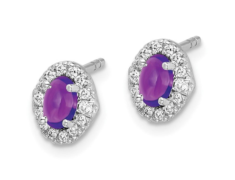 14K White Gold Solitaire 7/10 Amethyst Cabochon Earrings with Diamonds Image 4