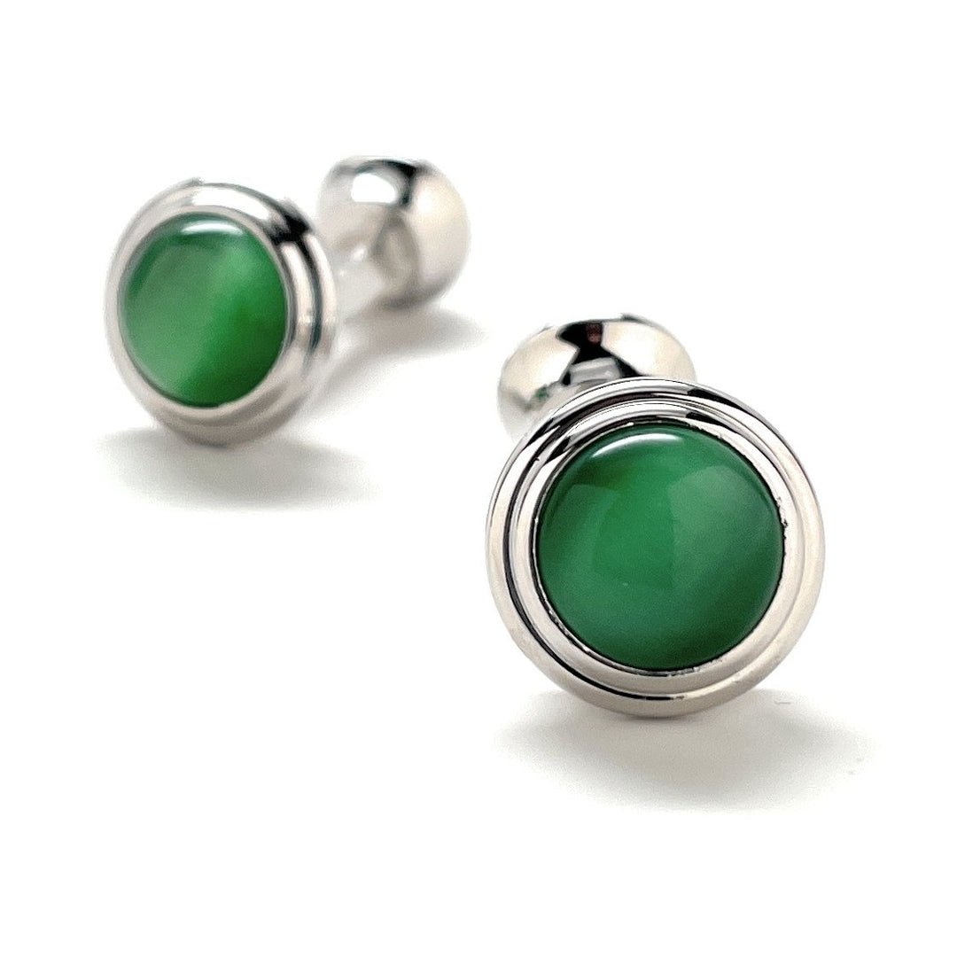 Green Cats Eye Cufflinks Straight Power Post Design Fully Detailed Double Ended Chrysoberyl Cuff Links Groomsmen Image 1