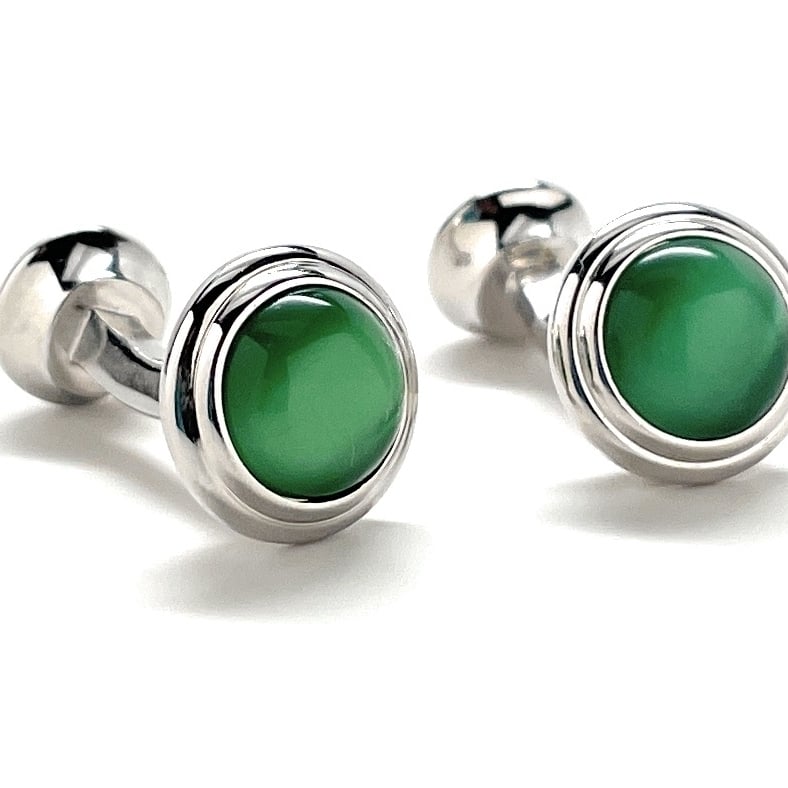 Green Cats Eye Cufflinks Straight Power Post Design Fully Detailed Double Ended Chrysoberyl Cuff Links Groomsmen Image 2