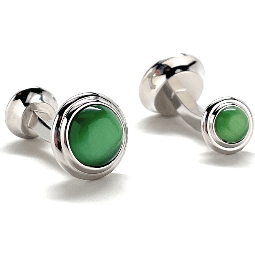 Green Cats Eye Cufflinks Straight Power Post Design Fully Detailed Double Ended Chrysoberyl Cuff Links Groomsmen Image 4