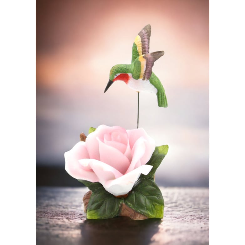 Ceramic Hummingbird Figurine with Pink Rose 6.25in Decorative Gift Image 1