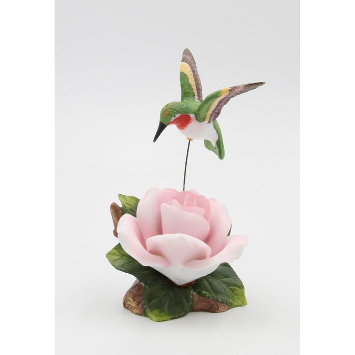 Ceramic Hummingbird Figurine with Pink Rose 6.25in Decorative Gift Image 2