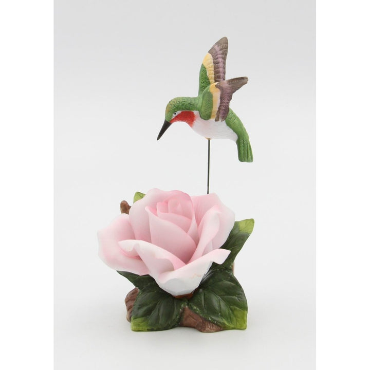 Ceramic Hummingbird Figurine with Pink Rose 6.25in Decorative Gift Image 3