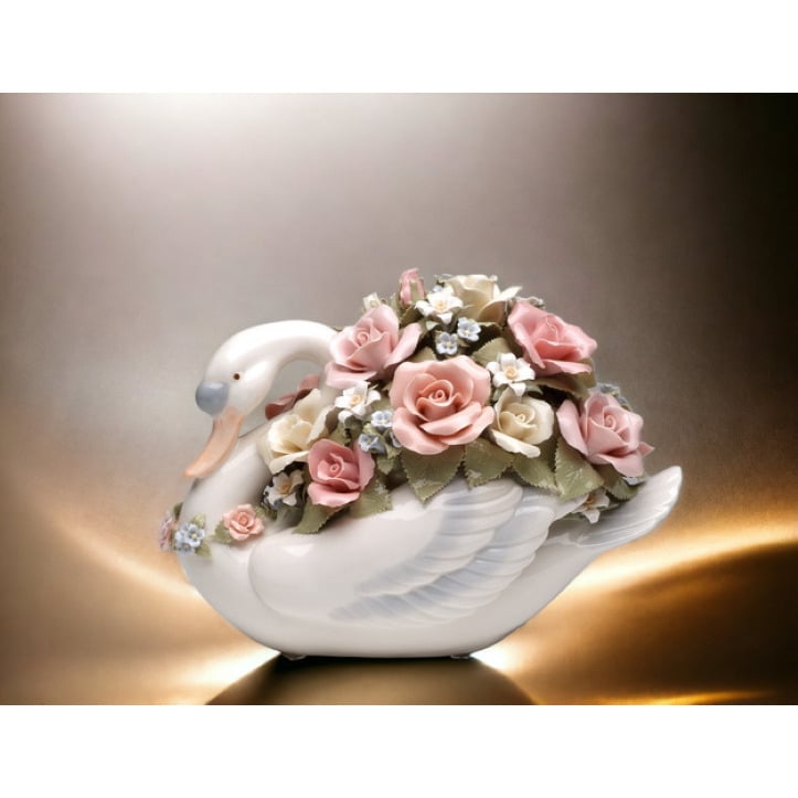 Ceramic Swan Music Box Flowers Large 10.38in  Wedding Image 1