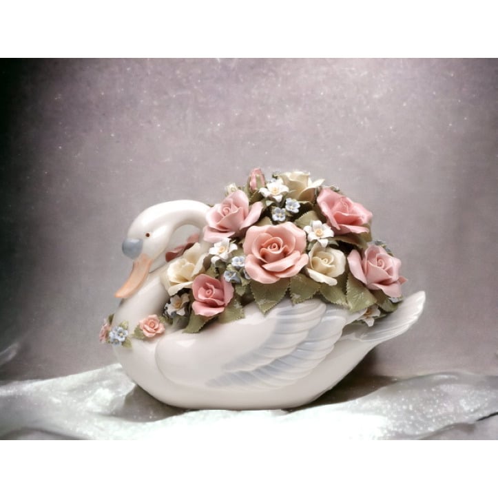 Ceramic Swan Music Box Flowers Large 10.38in  Wedding Image 2