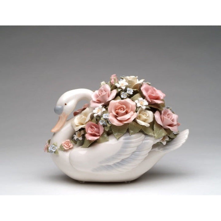 Ceramic Swan Music Box Flowers Large 10.38in  Wedding Image 3