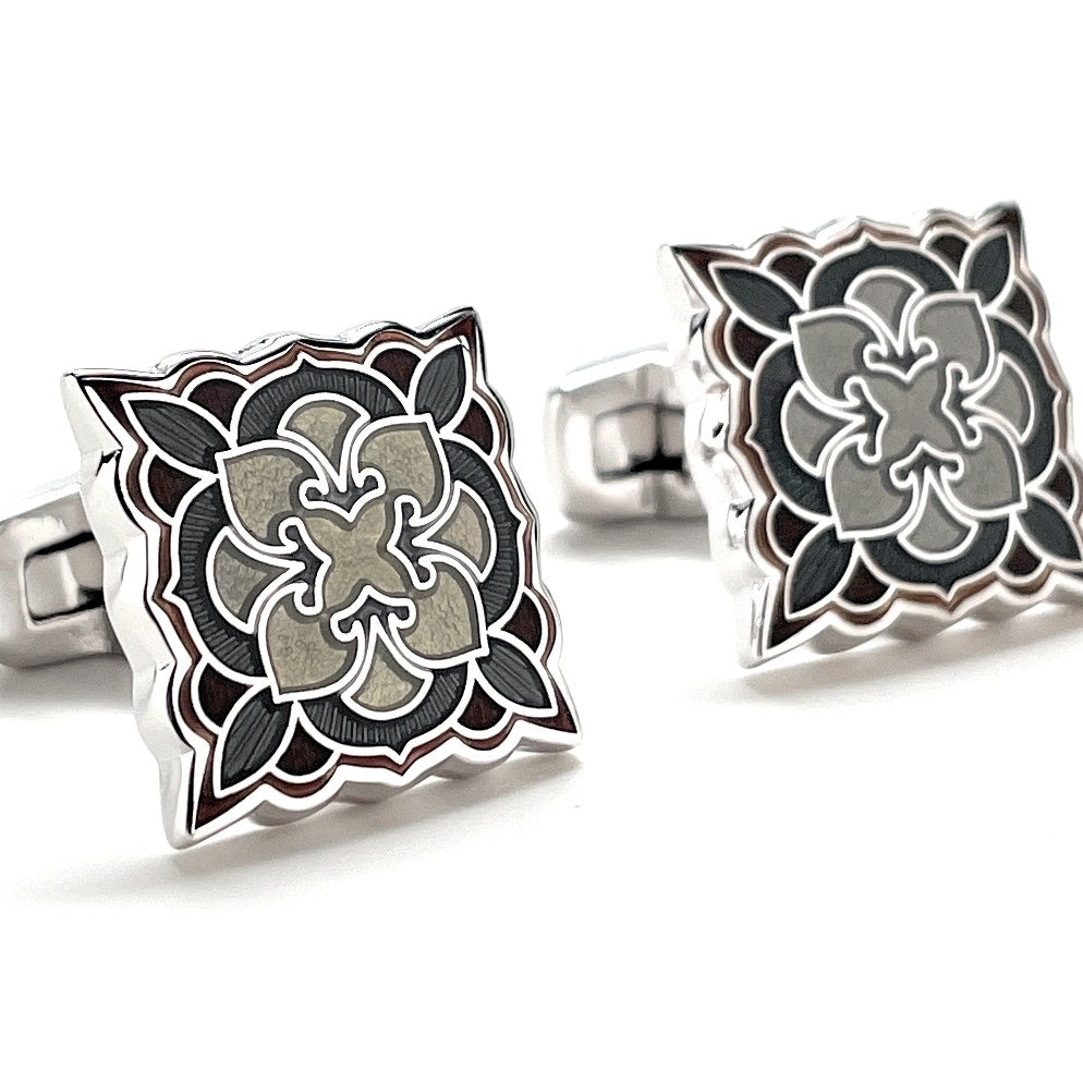 Cufflinks Desert Bloom Charcoal Enamel Silver Accents Straight Whale Tail Post Power Cuff Links Groom Gift Groomsmen Image 2