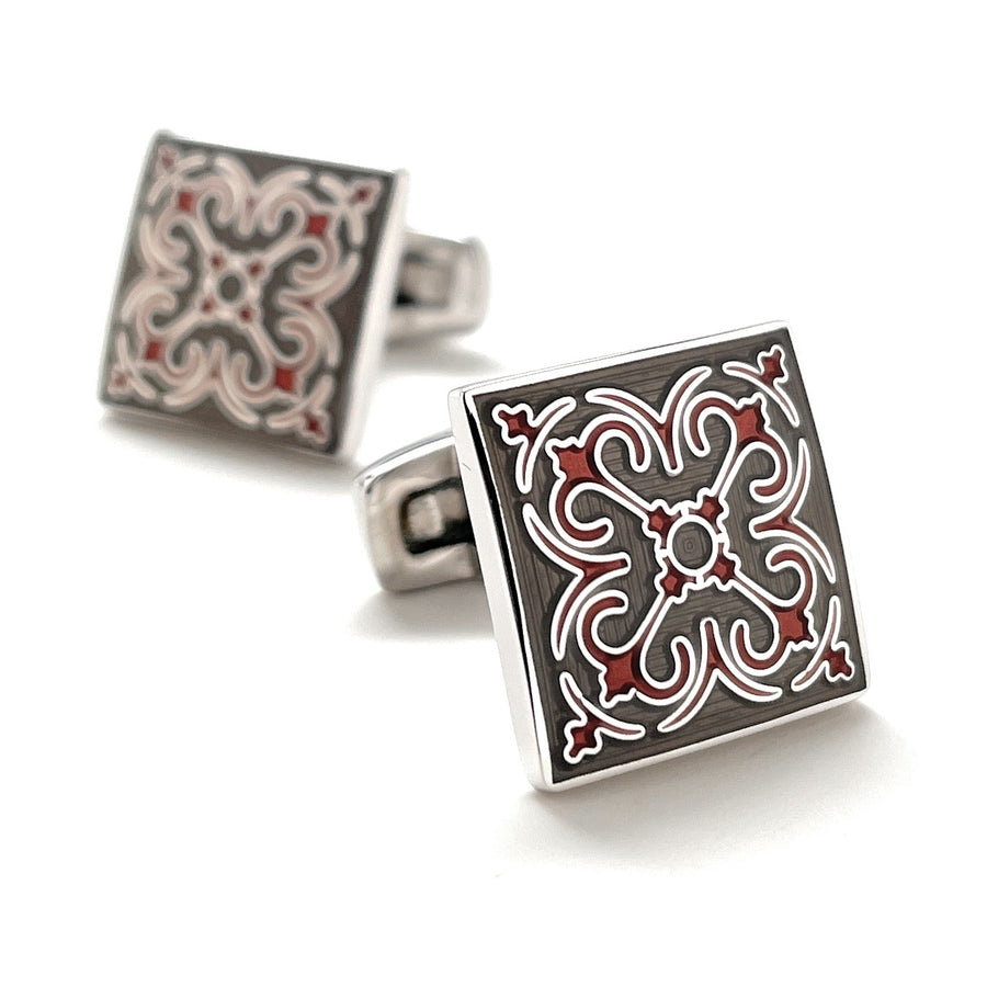 Cufflinks Spanish Bloom Design Slate Flaming Silver Accents Straight Whale Tail Post Power Cuff Links Groom Gift Image 1
