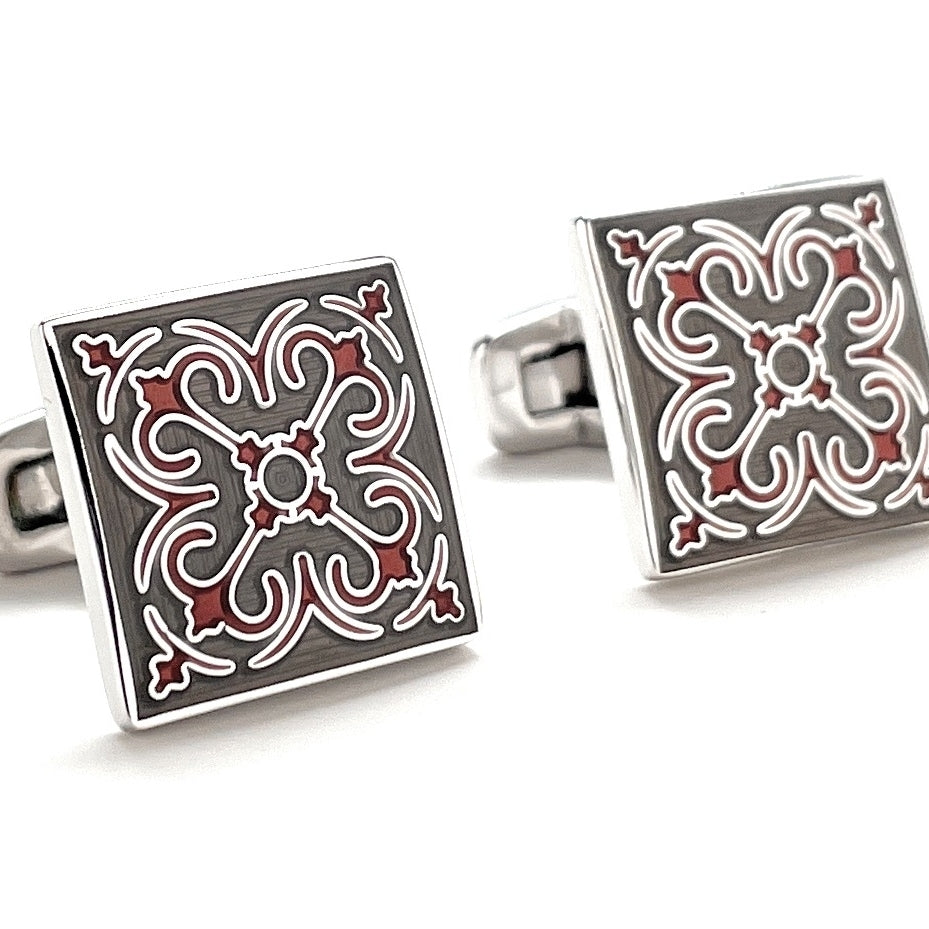 Cufflinks Spanish Bloom Design Slate Flaming Silver Accents Straight Whale Tail Post Power Cuff Links Groom Gift Image 2