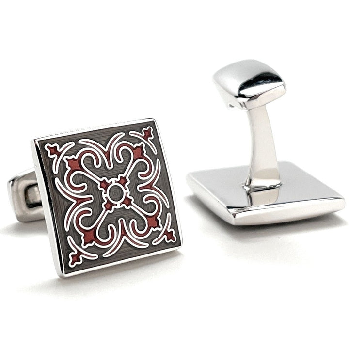 Cufflinks Spanish Bloom Design Slate Flaming Silver Accents Straight Whale Tail Post Power Cuff Links Groom Gift Image 3