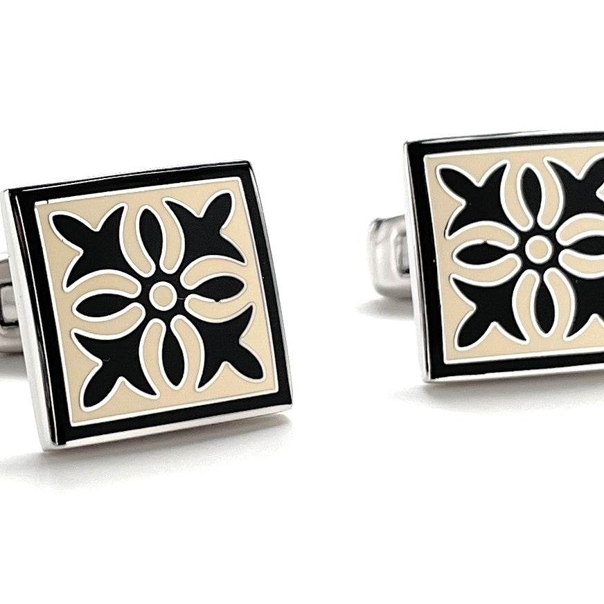 Santa Fe Bloom Cufflinks Spanish Tile Midnight Enamel Silver Straight Whale Tail Post Cuff Links Groom Gift Groomsmen Image 2