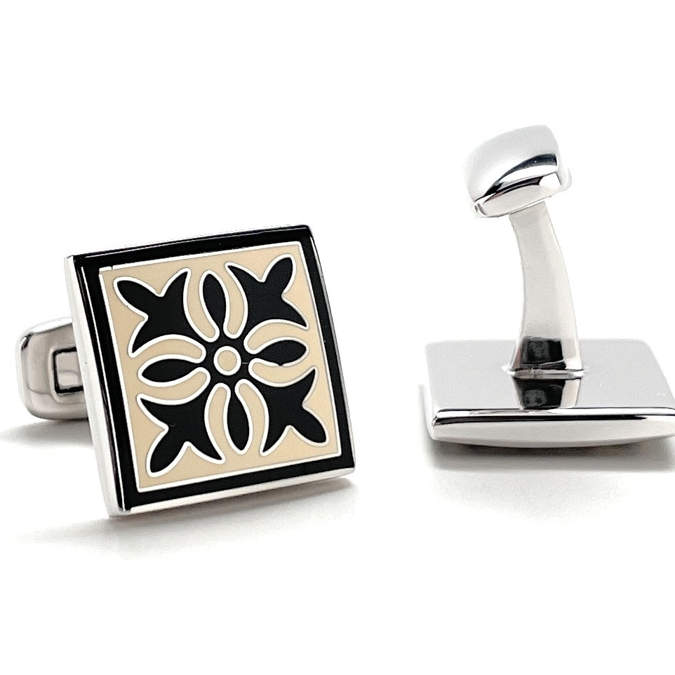 Santa Fe Bloom Cufflinks Spanish Tile Midnight Enamel Silver Straight Whale Tail Post Cuff Links Groom Gift Groomsmen Image 3