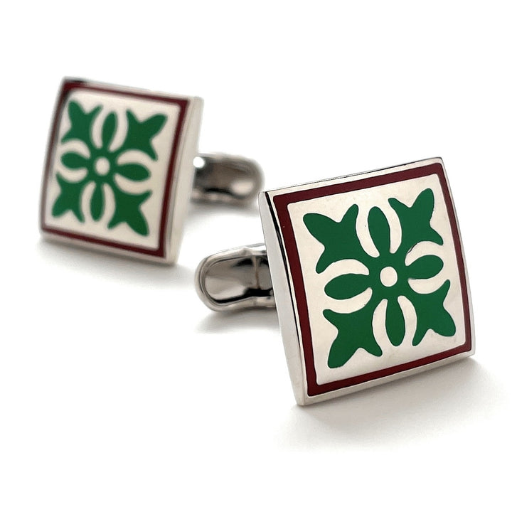 Santa Fe Bloom Cufflinks Spanish Tile Green Brown Enamel Silver Straight Whale Tail Post Cuff Links Groom Gift Groomsmen Image 1