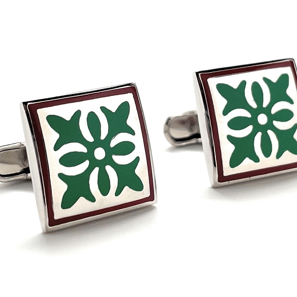 Santa Fe Bloom Cufflinks Spanish Tile Green Brown Enamel Silver Straight Whale Tail Post Cuff Links Groom Gift Groomsmen Image 2