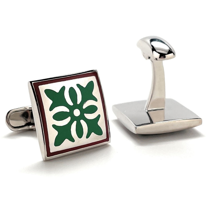 Santa Fe Bloom Cufflinks Spanish Tile Green Brown Enamel Silver Straight Whale Tail Post Cuff Links Groom Gift Groomsmen Image 3