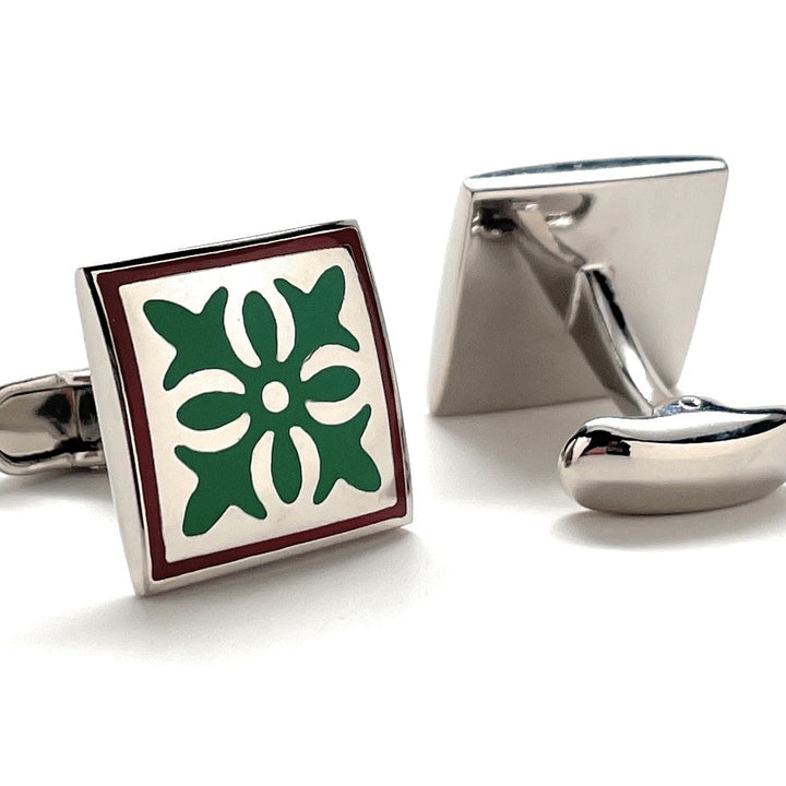 Santa Fe Bloom Cufflinks Spanish Tile Green Brown Enamel Silver Straight Whale Tail Post Cuff Links Groom Gift Groomsmen Image 4