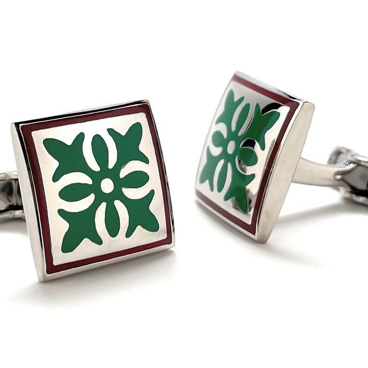 Santa Fe Bloom Cufflinks Spanish Tile Green Brown Enamel Silver Straight Whale Tail Post Cuff Links Groom Gift Groomsmen Image 4