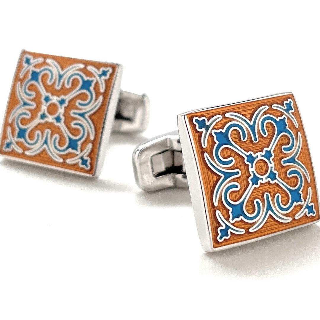 Cufflinks Meadow Burst Orange Blue Enamel Silver Accents Straight Whale Tail Post Power Cuff Links Groom Gift Groomsmen Image 1