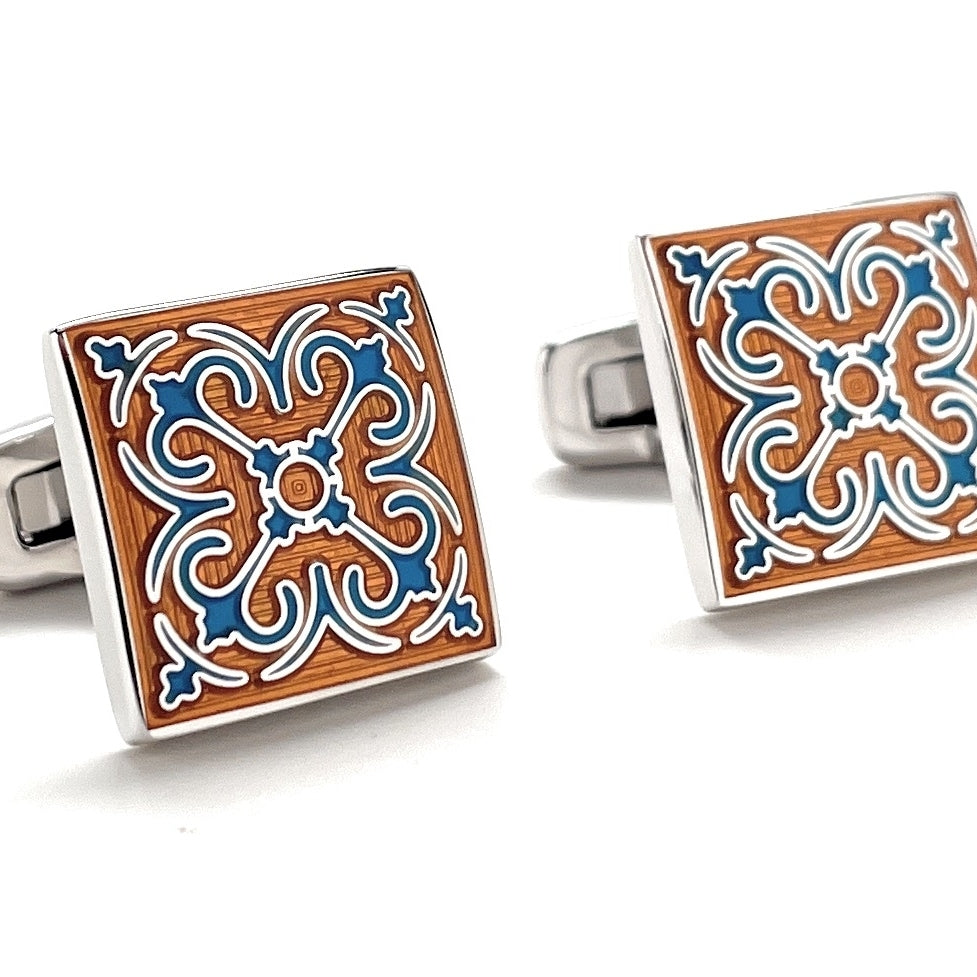 Cufflinks Meadow Burst Orange Blue Enamel Silver Accents Straight Whale Tail Post Power Cuff Links Groom Gift Groomsmen Image 2