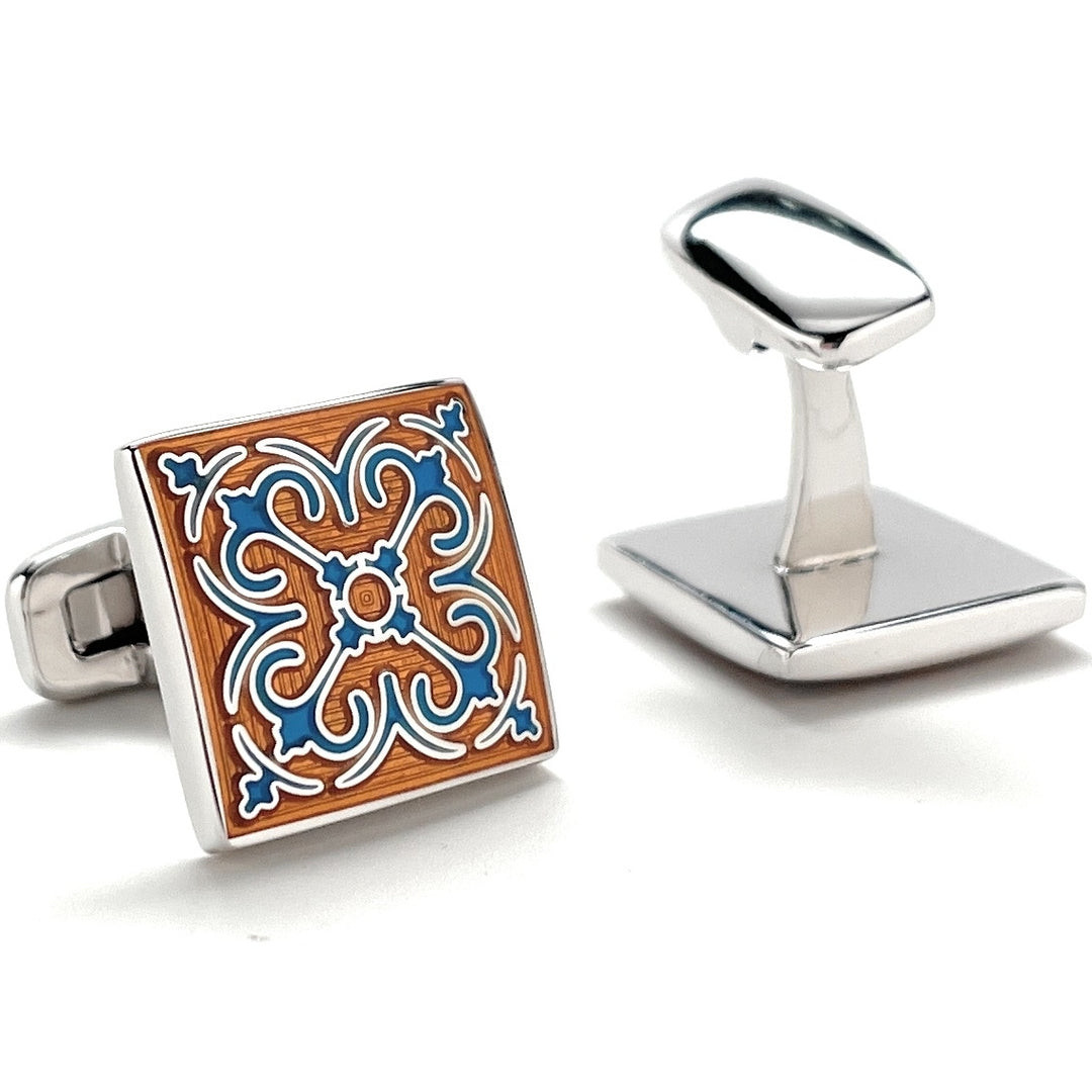 Cufflinks Meadow Burst Orange Blue Enamel Silver Accents Straight Whale Tail Post Power Cuff Links Groom Gift Groomsmen Image 3