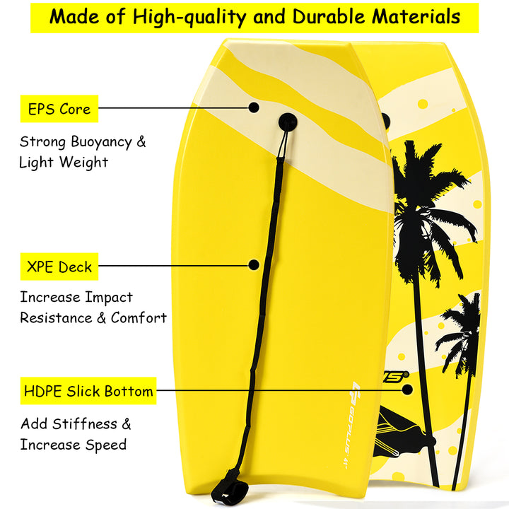 41 Lightweight Super Bodyboard Surfing W/Leash IXPE Deck EPS Core Boarding Yellow Image 6