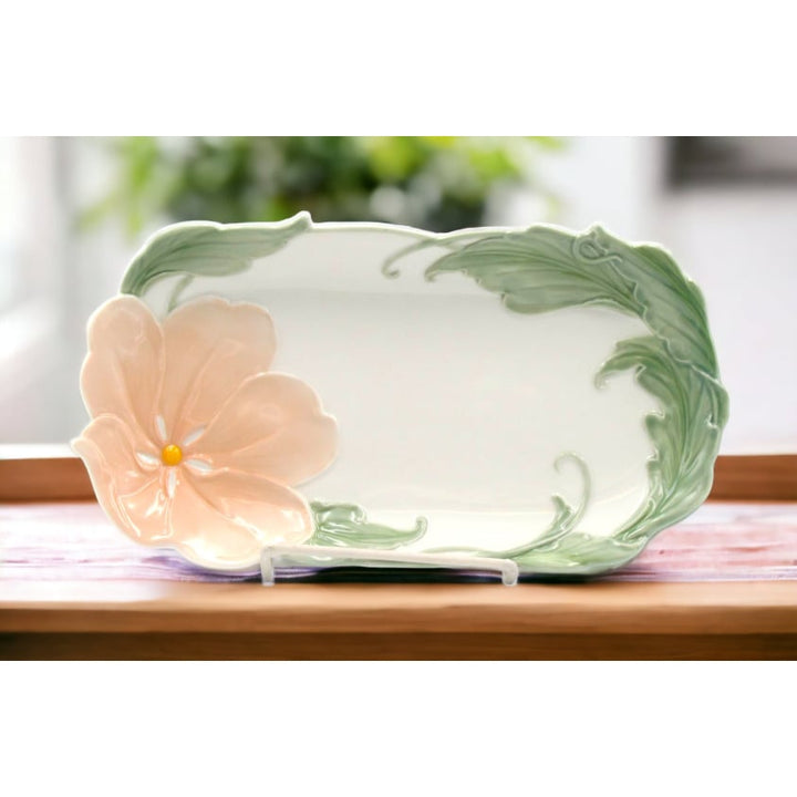 Ceramic Apple Blossom Flower Plates Set of 2 9x5 Image 1