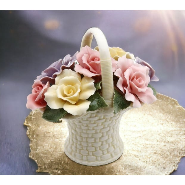 Ceramic Rose Flowers Basket Figurine 4.25in Wedding Anniversary Gift Image 1