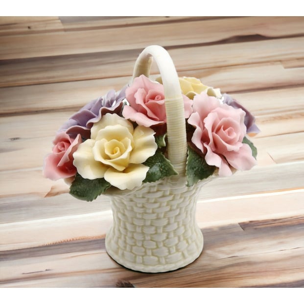 Ceramic Rose Flowers Basket Figurine 4.25in Wedding Anniversary Gift Image 2