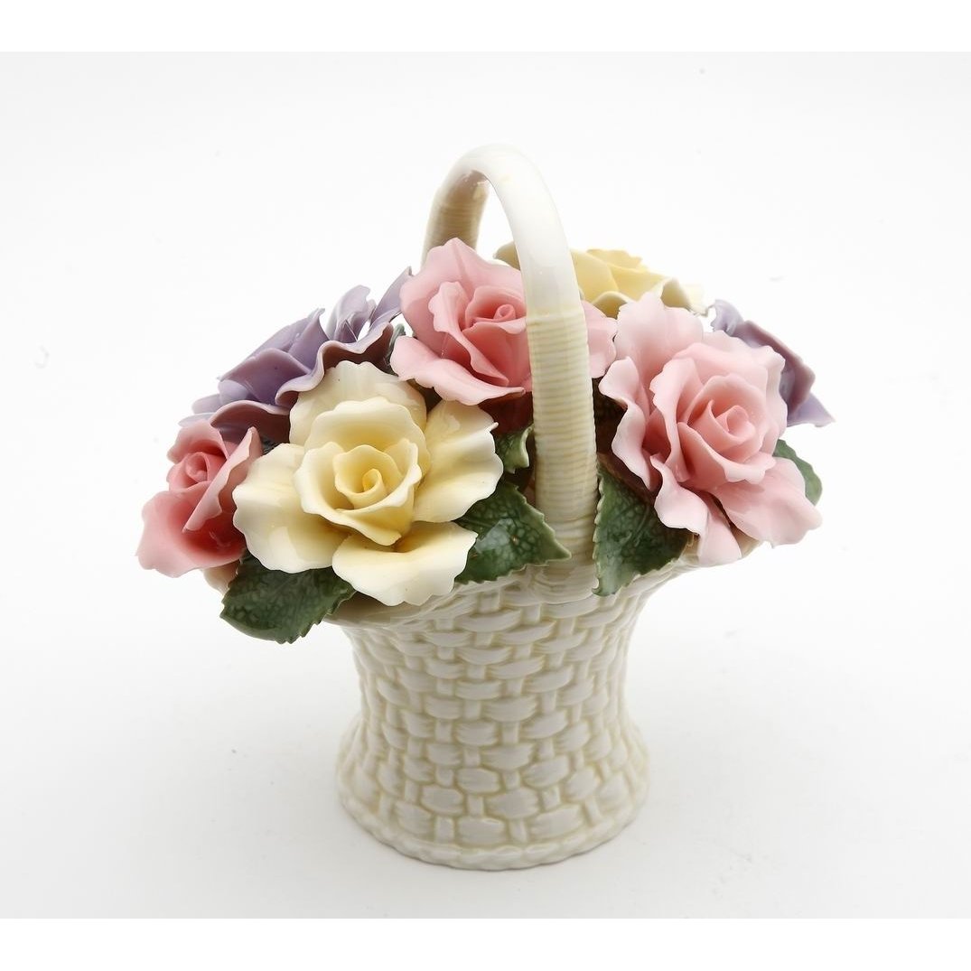 Ceramic Rose Flowers Basket Figurine 4.25in Wedding Anniversary Gift Image 3