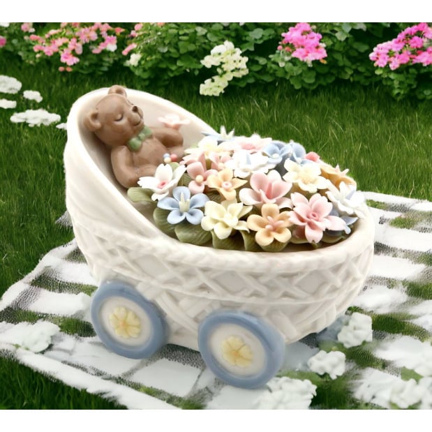 Ceramic Teddy Bear Figurine with Flowers 3.375in Baby Stroller Gift Image 1