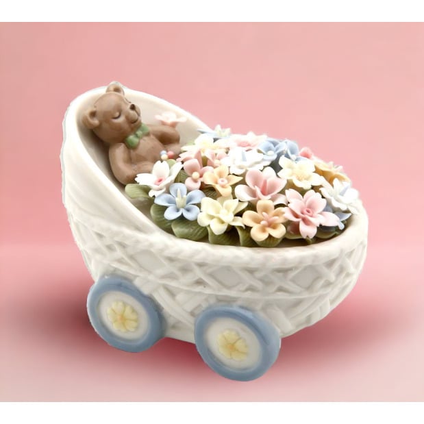 Ceramic Teddy Bear Figurine with Flowers 3.375in Baby Stroller Gift Image 2