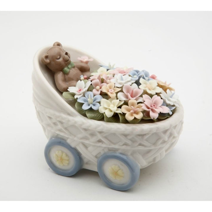 Ceramic Teddy Bear Figurine with Flowers 3.375in Baby Stroller Gift Image 3