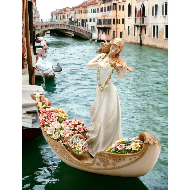 Ceramic Figurine Lady Violin Venice Gondola Flowers 13x5x10 Unique Image 1