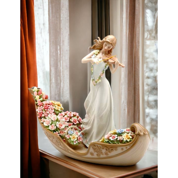 Ceramic Figurine Lady Violin Venice Gondola Flowers 13x5x10 Unique Image 2