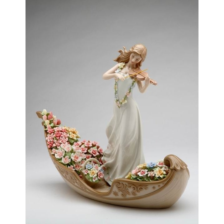 Ceramic Figurine Lady Violin Venice Gondola Flowers 13x5x10 Unique Image 3