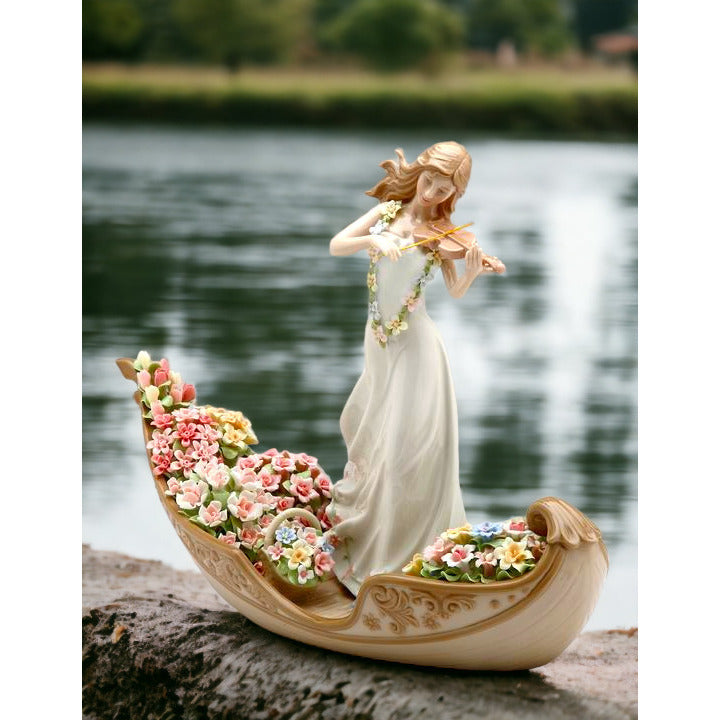 Ceramic Figurine Lady Violin Venice Gondola Flowers 13x5x10 Unique Image 4