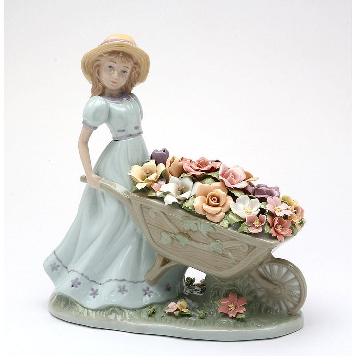 Ceramic Girl Pushing Flower Cart Figurine 8.25x4.125x8.75 Gift Image 3