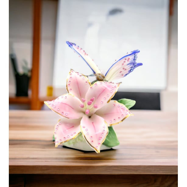 Ceramic Glittering Butterfly and Lily Flower in Bloom FigurineHome DcorNature Lover DcorCottagecore Image 1