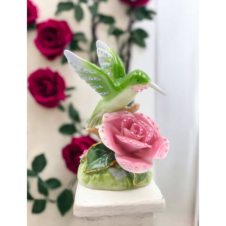 Ceramic Hummingbird Figurine with Pink Rose Flower 3x2.125x3.5 Gift Image 1