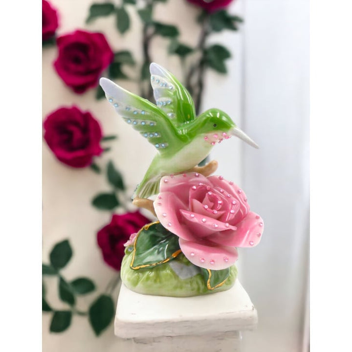 Ceramic Hummingbird Figurine with Pink Rose Flower 3x2.125x3.5 Gift Image 1