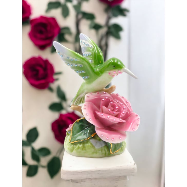 Ceramic Glittering Hummingbird With Pink Rose Flower FigurineHome DcorNature Lover DcorCottagecore Image 1