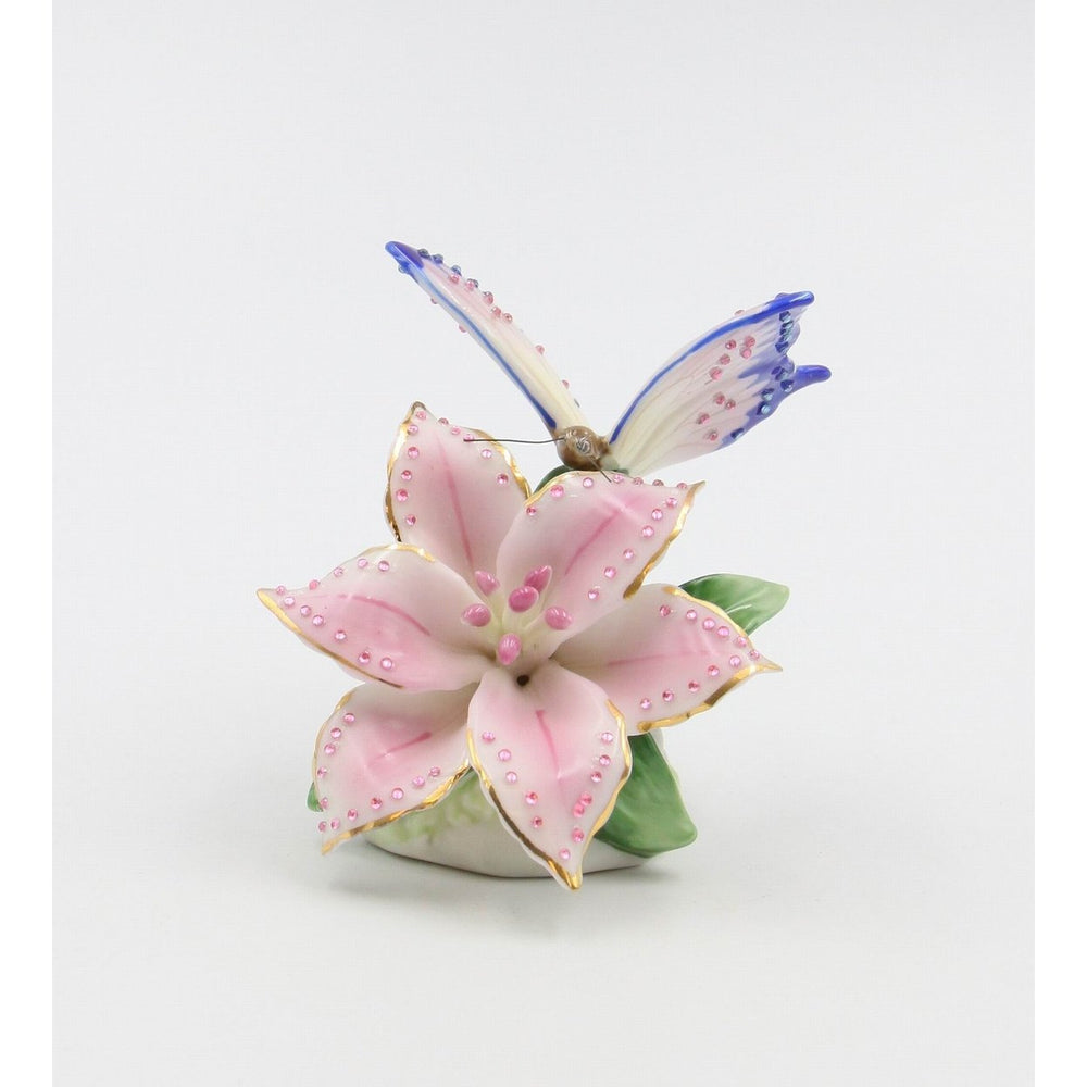 Ceramic Glittering Butterfly and Lily Flower in Bloom FigurineHome DcorNature Lover DcorCottagecore Image 2