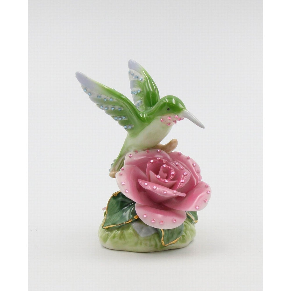 Ceramic Glittering Hummingbird With Pink Rose Flower FigurineHome DcorNature Lover DcorCottagecore Image 2