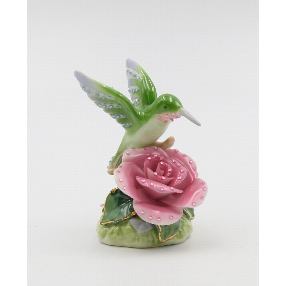 Ceramic Hummingbird Figurine with Pink Rose Flower 3x2.125x3.5 Gift Image 2