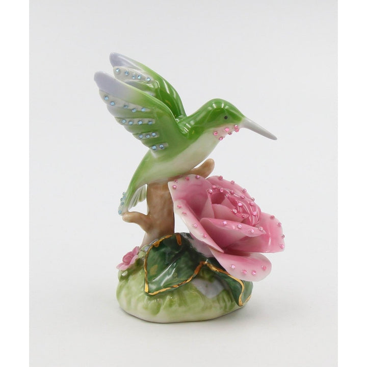 Ceramic Hummingbird Figurine with Pink Rose Flower 3x2.125x3.5 Gift Image 3